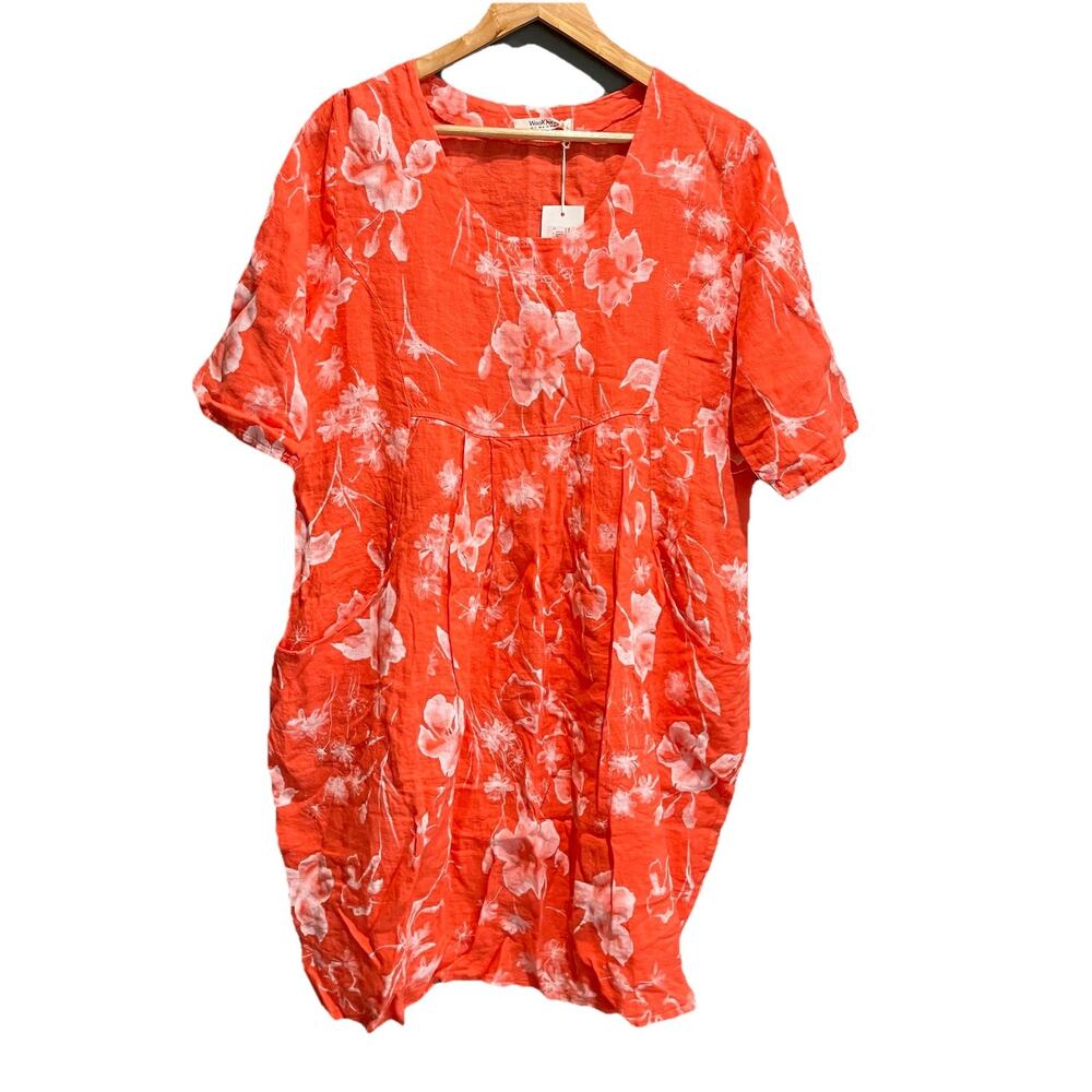 WoolOvers Red Coral Floral Linen‎ Pocket Women's Tunic Dress Size 16